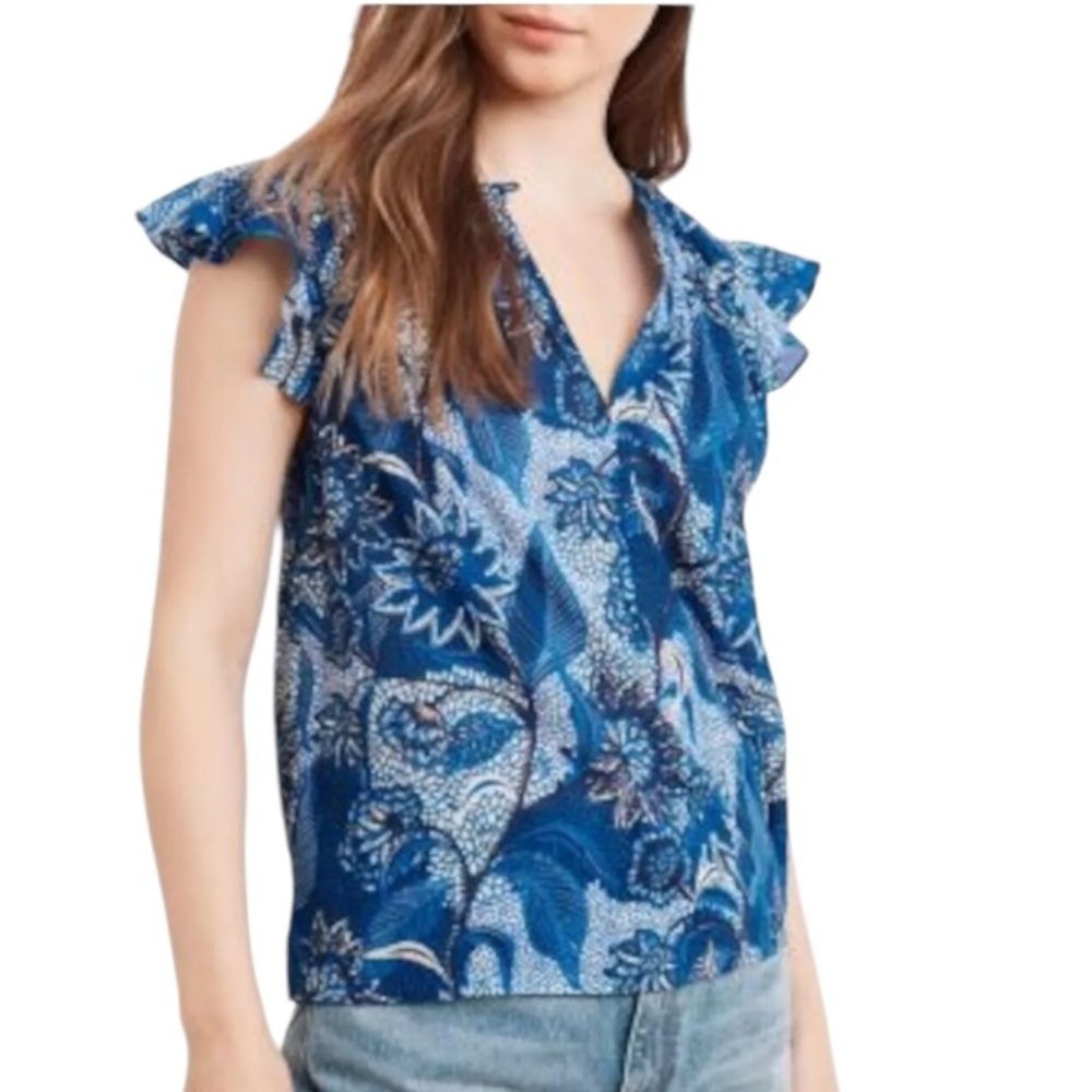 Velvet by Graham & Spencer Blue Floral Flutter Sleeve Blouse